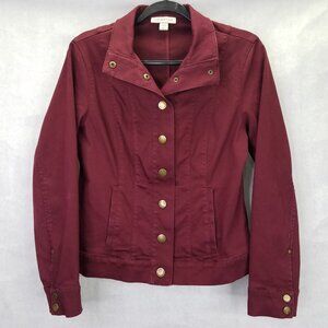 Coldwater Creek Jean Jacket Women's 4-6 Sm Maroon Denim Gold Snaps Buckle Back